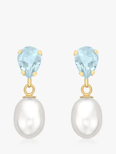 IBB 9ct Gold Pearl & Blue Topaz Drop Earrings, Gold - Gold - Female