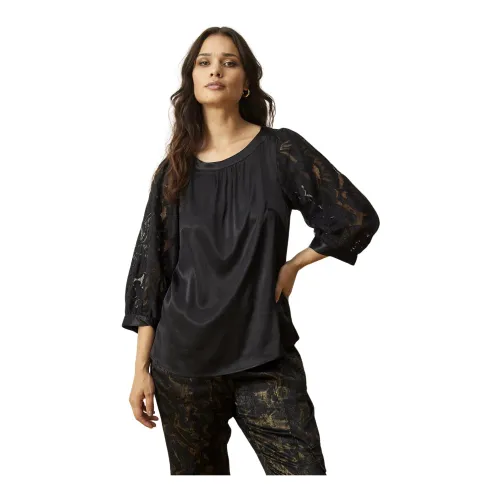IN Front , Roza Blouse with Beautiful Lace Sleeves ,Black female, Sizes: