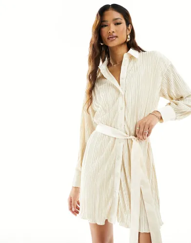 In The Style belted plisse shirt dress in cream-White