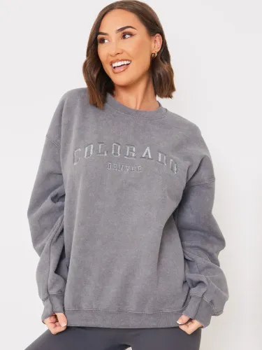 In The Style Charcoal Colorado Embroidered Crew Sweater