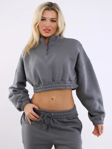 In The Style Charcoal Half Zip Up Cropped Jersey Sweater