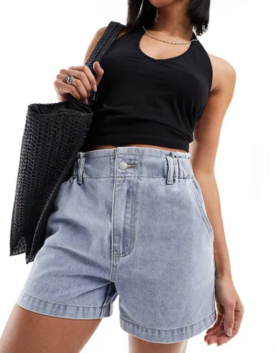 In The Style exclusive elasticated waist denim paperbag short in light wash blue