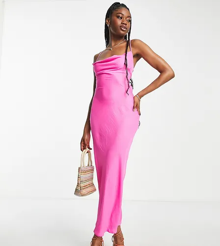 In The Style exclusive satin cowl neck midi dress in pink