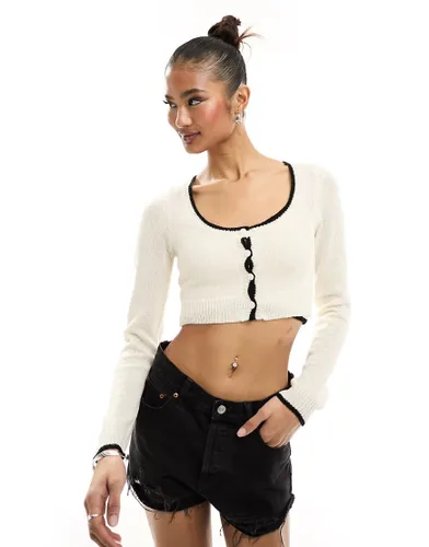 In The Style knitted cropped cardigan co-ord with contrast trim in cream-White