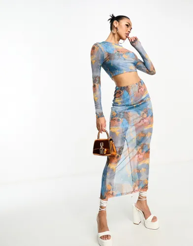 In The Style mesh column maxi skirt co-ord in blue marble-Multi
