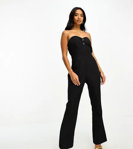 In The Style Petite tailored bandeau button detail wide leg jumpsuit in black