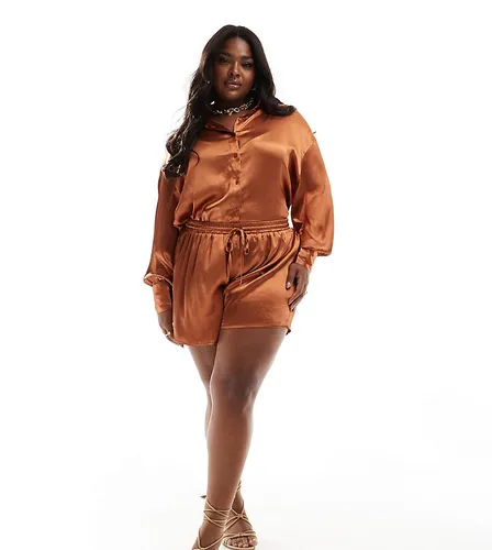 In The Style Plus satin drawstring shorts co-ord in rust-Orange
