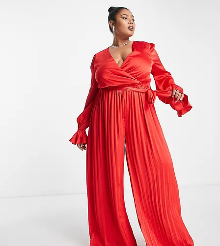 In The Style Plus satin wrap detail pleated wide leg jumpsuit with belt in red