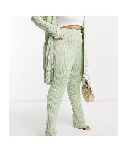 In The Style Plus Womens knitted flare trouser co-ord in sage-Green Cotton