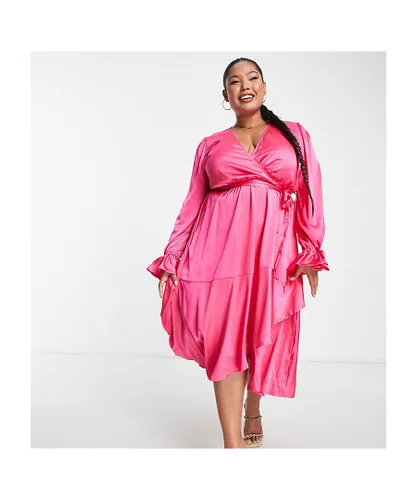 In The Style Plus Womens satin wrap detail volume sleeve midi dress with asymmetric ruffle hem in pink