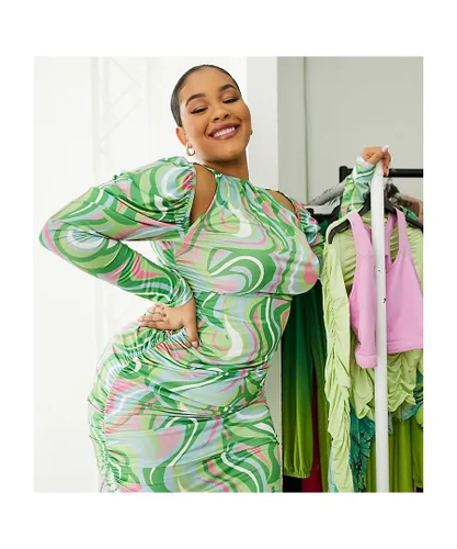In The Style Plus Womens x Liberty exclusive cut out ruched puff shoulder mini bodycon dress in green and pink swirl print-Multi - Multicolour