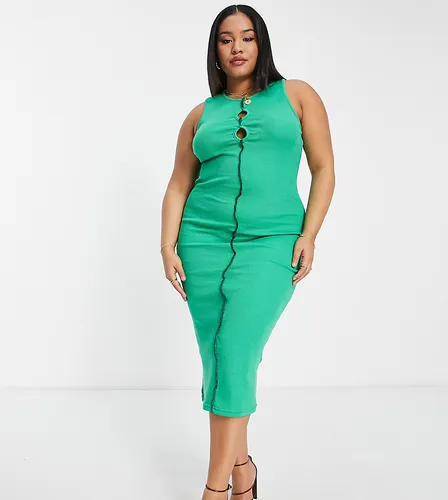 In The Style Plus x Liberty keyhole midi pencil dress with exposed seam detail in green