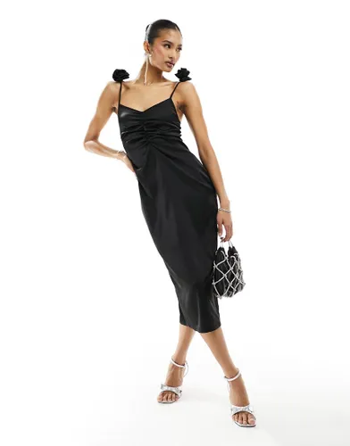 In The Style satin ruched midi dress with corsage strap detail in black