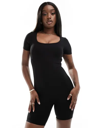 In The Style sculpt and control short sleeve scoop neck unitard in black