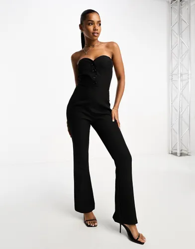 In The Style tailored bandeau button detail wide leg jumpsuit in black