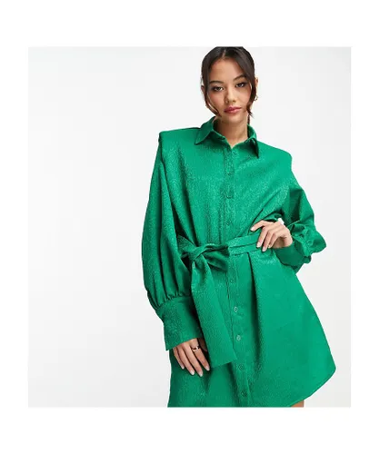 In The Style Womens exclusive satin printed shirt dress with belt detail in green
