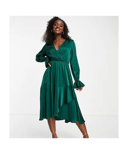 In The Style Womens exclusive satin wrap detail midi dress in emerald green