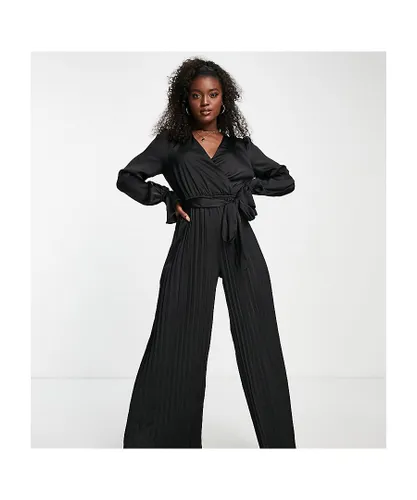 In The Style Womens exclusive satin wrap detail pleated wide leg jumpsuit with belt in black