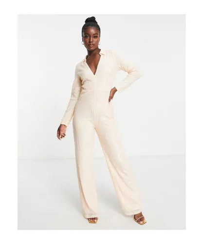 In The Style Womens exclusive sequin plunge front wide leg jumpsuit in champagne-Neutral - Cream