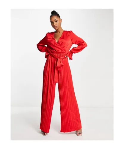 In The Style Womens satin wrap detail pleated wide leg jumpsuit with belt in red