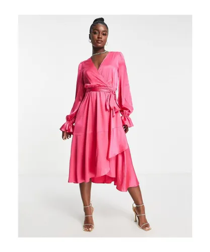 In The Style Womens satin wrap detail volume sleeve midi dress with asymmetric ruffle hem in pink