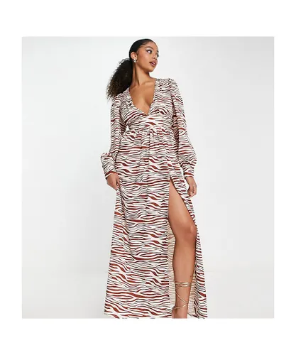 In The Style Womens Tall x Yasmin Devonport exclusive maxi dress with thigh split in tan zebra-Multi - Animal