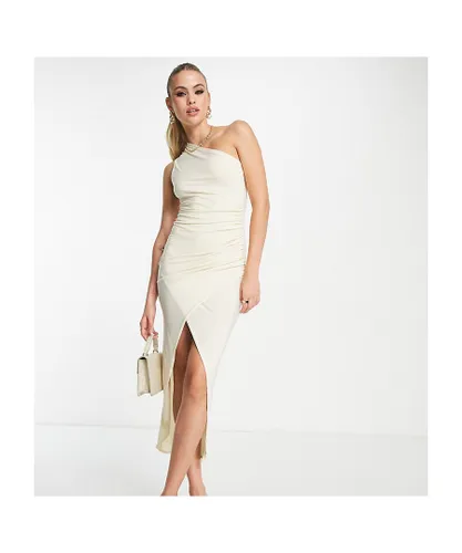 In The Style Womens Tall x Yasmin Devonport exclusive ruched one shoulder asymmetric drape midi dress in cream-White