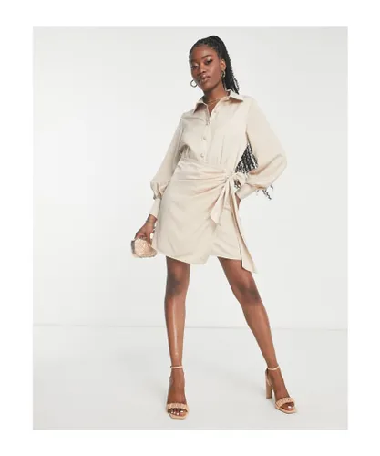 In The Style Womens x Terrie Mcevoy button through wrap detail shirt dress in stone-Neutral