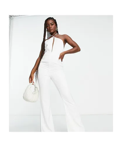In The Style Womens x Yasmin Devonport exclusive satin halterneck split front detail wide leg jumpsuit in white-Multi