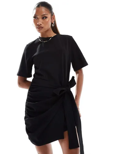 In The Style wrap tie side mini t-shirt dress in black