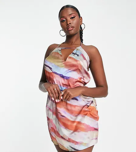 In The Style x Yasmin Devonport exclusive satin plunge front mini slip dress in multi abstract print