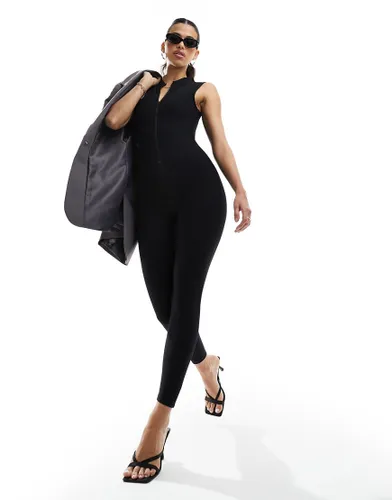 In The Style zip through sleevless unitard jumpsuit in black