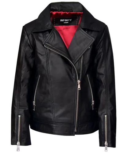 Infinity Junior Childrens Unisex Kids Jackets Designer's Girls 100% Leather Jacket Zip Up Biker Coats (1-13Years) - Black