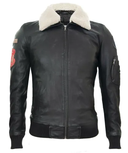 Infinity Leather Mens Black Air Force Bomber Jacket with Detachable Collar - Valletta