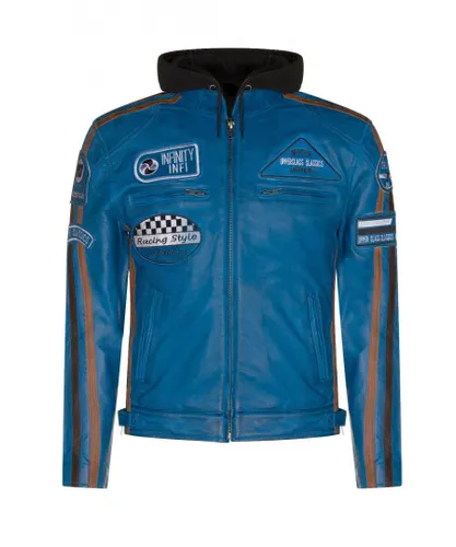 Infinity Leather Mens Racing Hooded Biker Jacket-Detroit - Blue