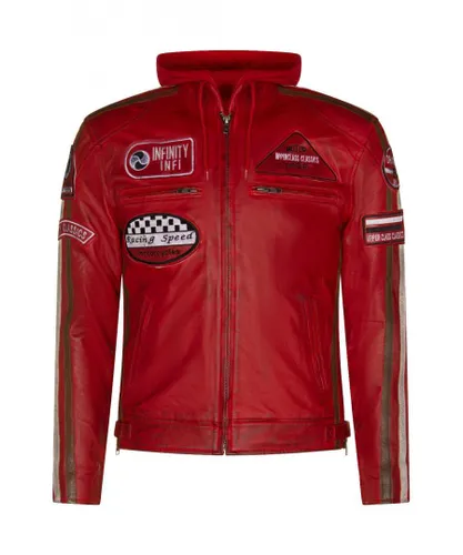 Infinity Leather Mens Racing Hooded Biker Jacket-Detroit - Red