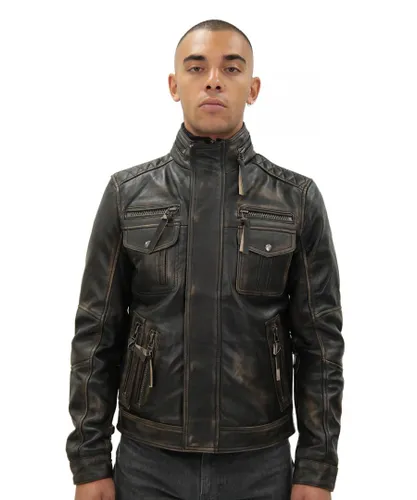 Infinity Leather Mens Retro Biker Jacket-Toronto - Black