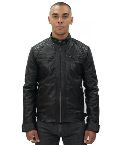 Infinity Leather Mens Vintage Quilted Biker Jacket-Monaco - Black