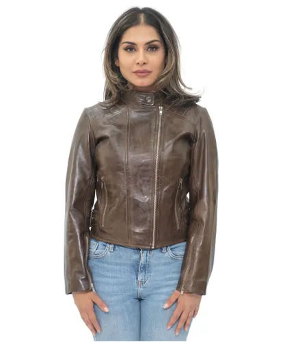 Infinity Leather Womens Biker Jacket-Celaya - Brown