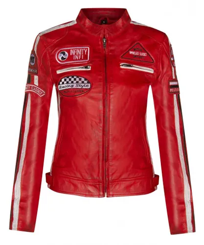 Infinity Leather Womens Biker Racing Badges Jacket-Agadir - Red