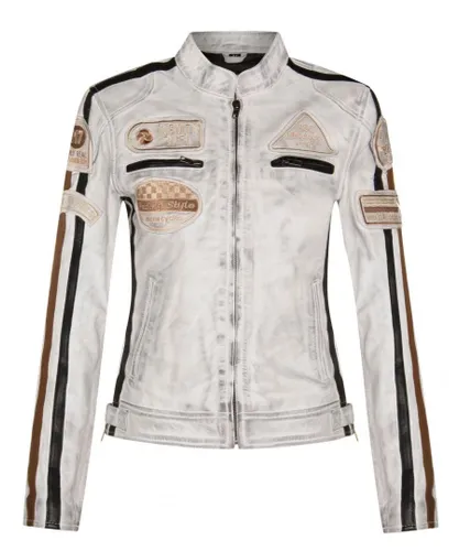 Infinity Leather Womens Biker Racing Badges Jacket-Agadir - White