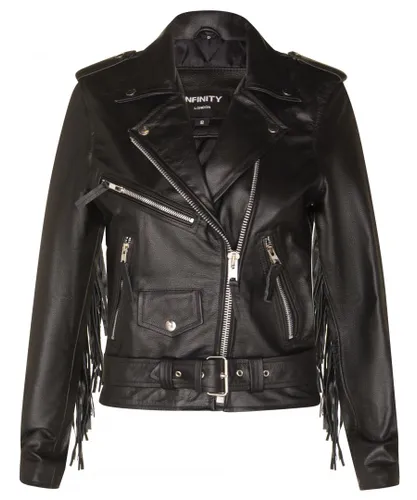 Infinity Leather Womens Black FRINGE TASSELED Biker Jacket - Seville