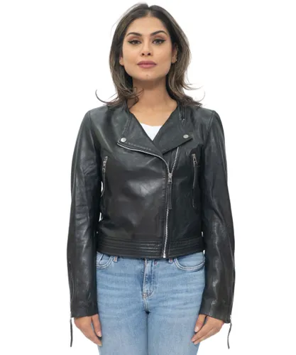 Infinity Leather Womens Collarless Biker Jacket-Padova - Black