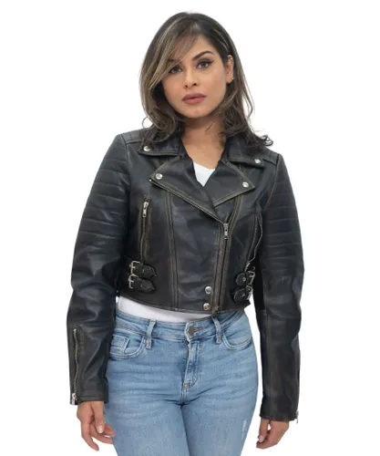 Infinity Leather Womens Cropped Brando Biker Jacket-Damascus - Black