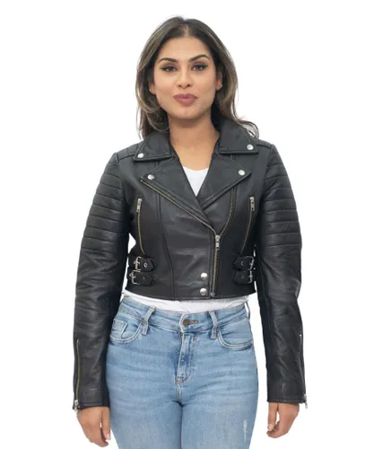 Infinity Leather Womens Cropped Brando Biker Jacket-Damascus - Black
