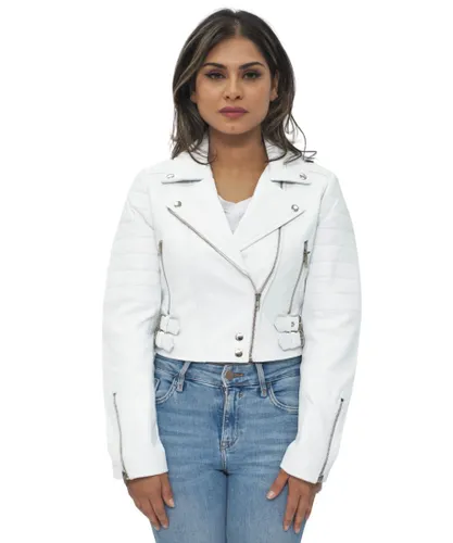 Infinity Leather Womens Cropped Brando Biker Jacket-Damascus - White