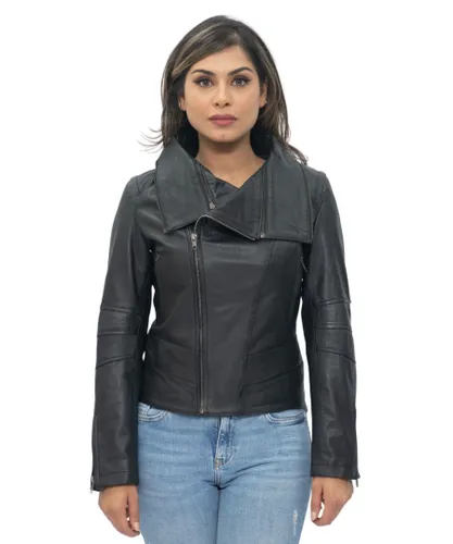 Infinity Leather Womens Detachable Collar Biker Jacket-Rosario - Black