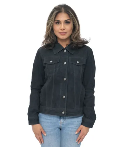 Infinity Leather Womens Goat Suede Trucker Jeans Jacket-Astoria - Black