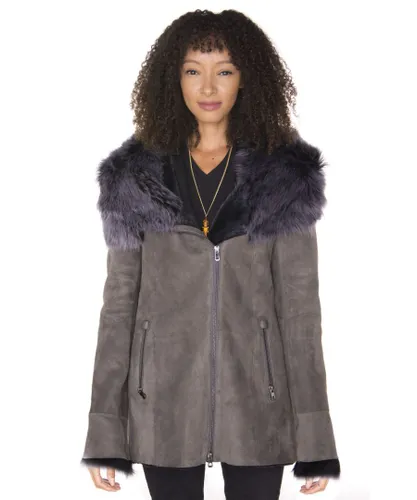 Infinity Leather Womens Grey Suede Hooded Merino Sheepskin Coat-Monrovia - Black