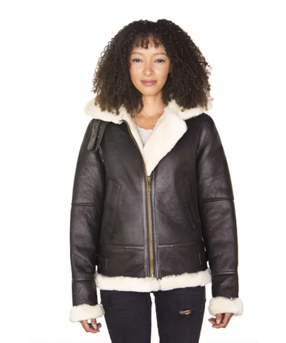 Infinity Leather Womens Hooded Sheepskin Flying Jacket-Palermo - Brown